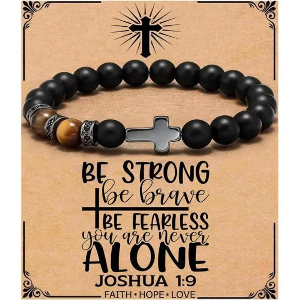 Mens Cross Bracelet Black Tiger Eye Beads Adjustable Christian Religious Gift